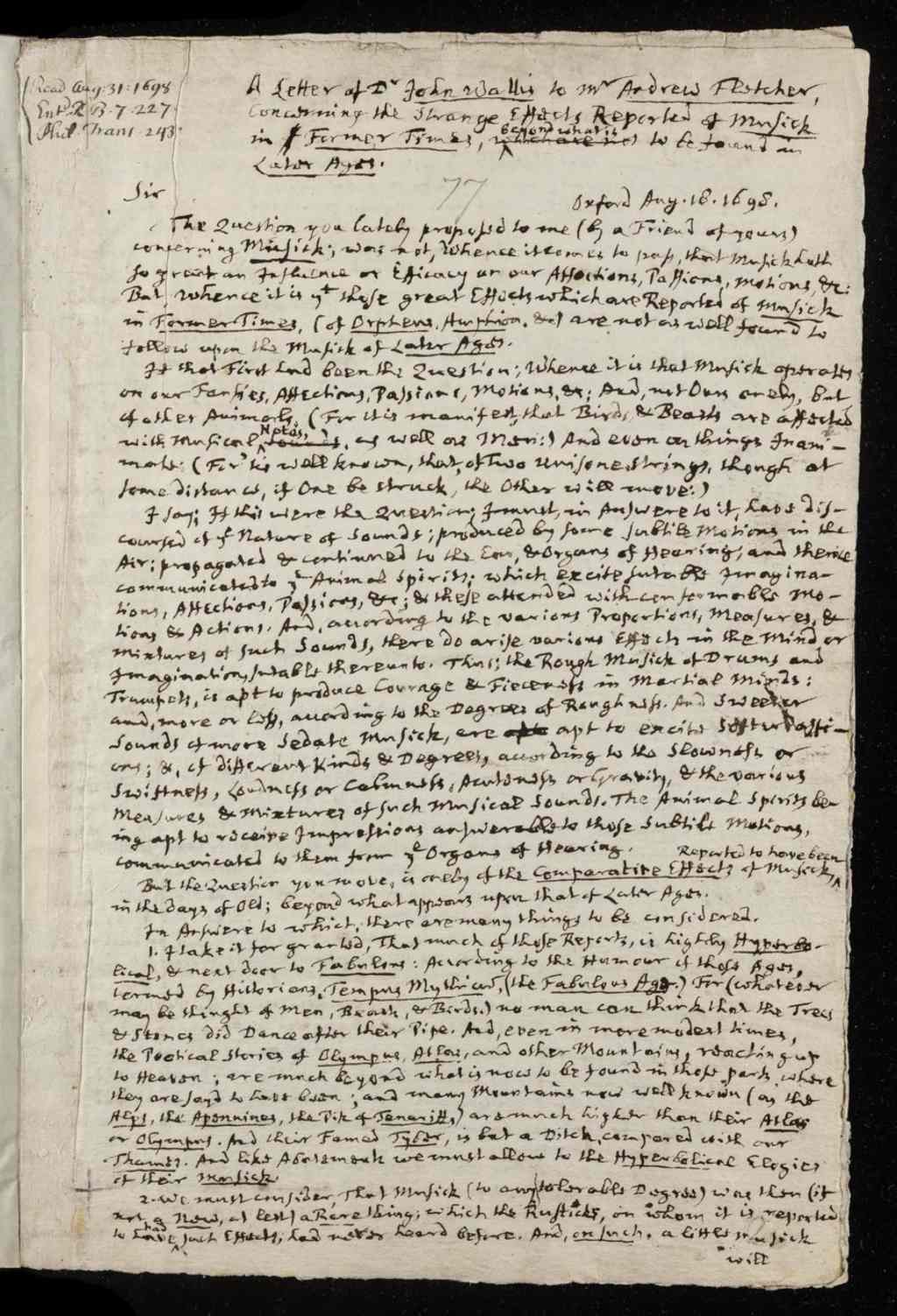 Letter, from John Wallis to Andrew Fletcher, dated at Oxford