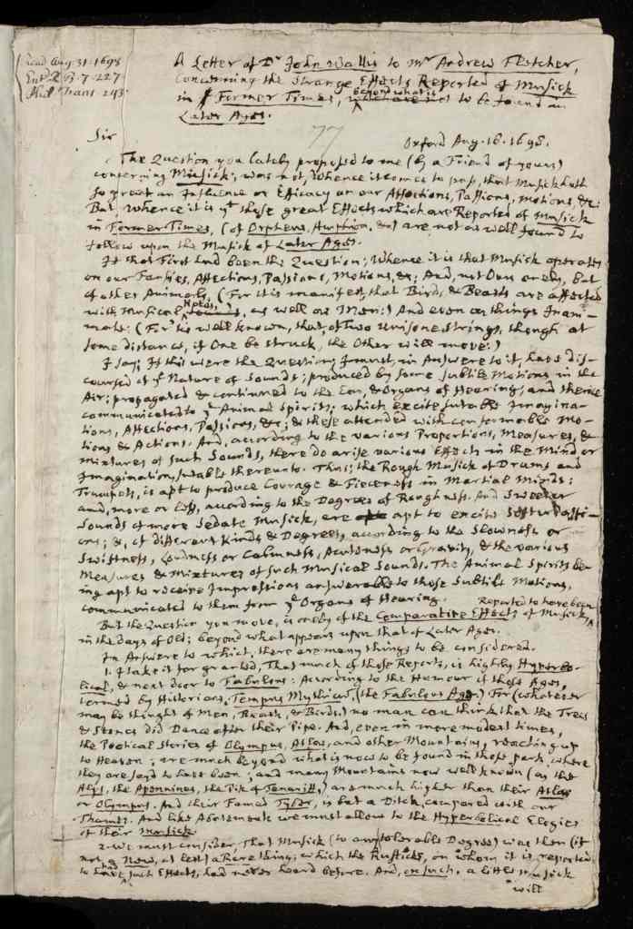 Letter, from John Wallis to Andrew Fletcher, dated at Oxford